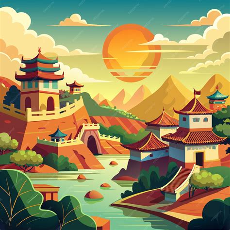 Premium Vector | A digital painting of a pagoda with a sunset in the ...