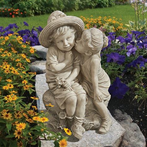 Girl Kissing Boy On Rocks Statue Design Toscano Resin Garden Statues