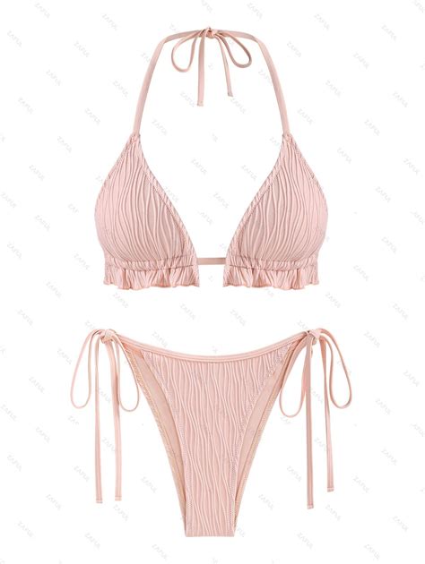 Textured Triangle Ruffle Halter Tie Side String Bikini Set In Light