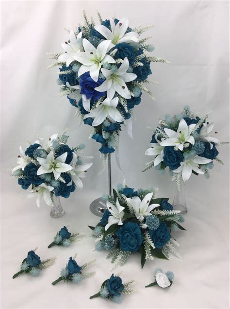 Teal/White Flowers Wedding Bouquet Set | White wedding flowers bouquet ...