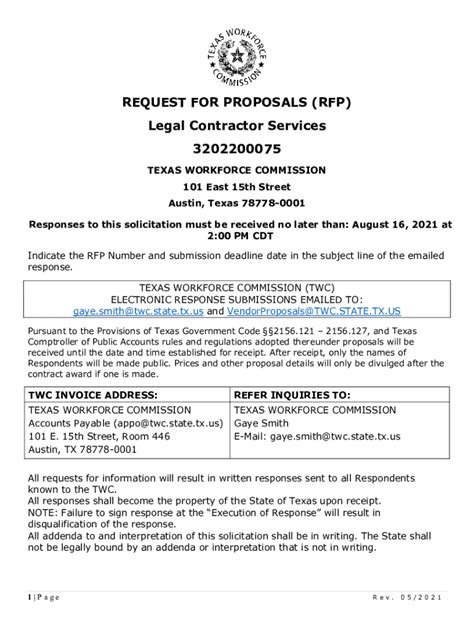 Fillable Online Twc Texas Request For Proposals Rfp Legal Contractor