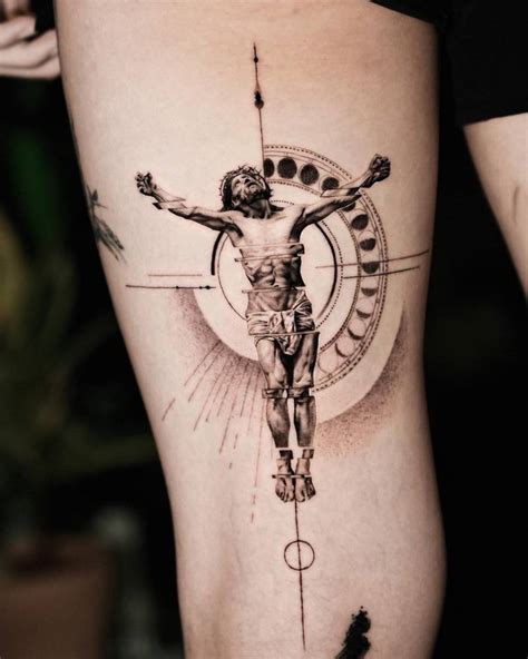 Jesus Tattoo Located On The Thigh Micro Realistic