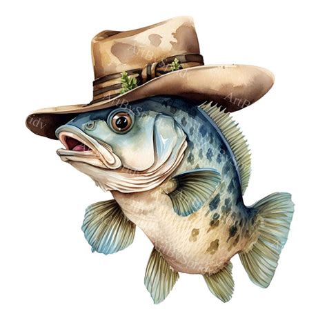 Watercolor Cool Bass Fish With Cowboy Hat Clip Art Printable Etsy