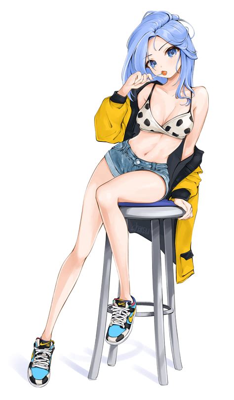 Chaesu Blue Hair Blue Eyes Cleavage Anime Anime Girls Digital Art