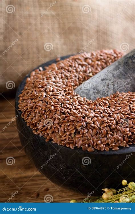 Marble Mortar Full Of Brown Flux Seeds Stock Image Image Of