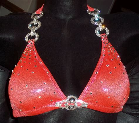 Style Coral Metallic Competition Bikini With Rhinestone Connectors