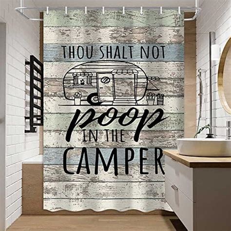 Happy Camper Shower Curtain Retro Rustic Wood Neutral Color