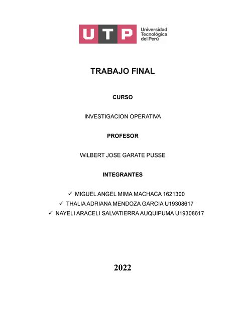 Semana 18 PDF Indicaciones Para El Trabajo Final TRABAJO FINAL