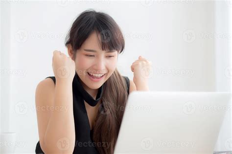 Beautiful Portrait Asian Young Woman Smile Working Online Laptop