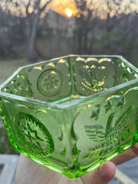 Vintage Indiana Glass Company Green Hexagon Depression Glass Eagles And Stars Candy Dish Etsy