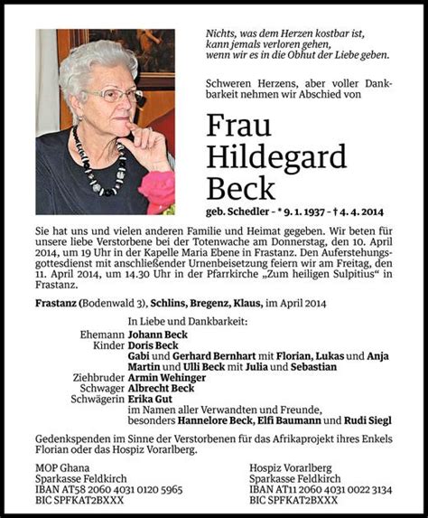 Todesanzeigen Von Hildegard Beck Todesanzeigen Vorarlberger Nachrichten