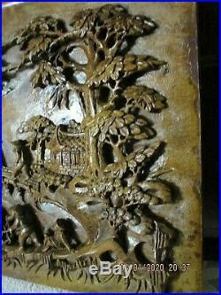 Bas Relief Panneau En Bois Sculpte Ancien Asie Chine Indochine Cm X