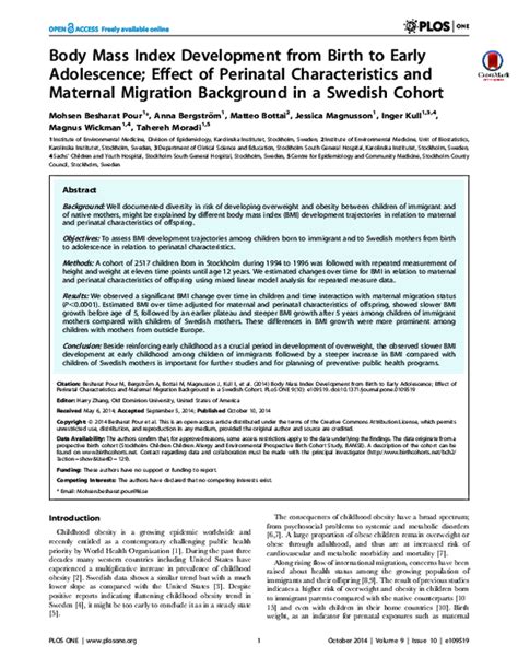 Pdf Body Mass Index Development From Birth To Early Adolescence