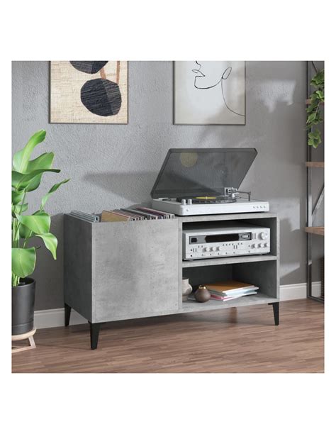 Meuble Bas Platine Vinyles Gris Béton avec Rangement Vinyles Armoire