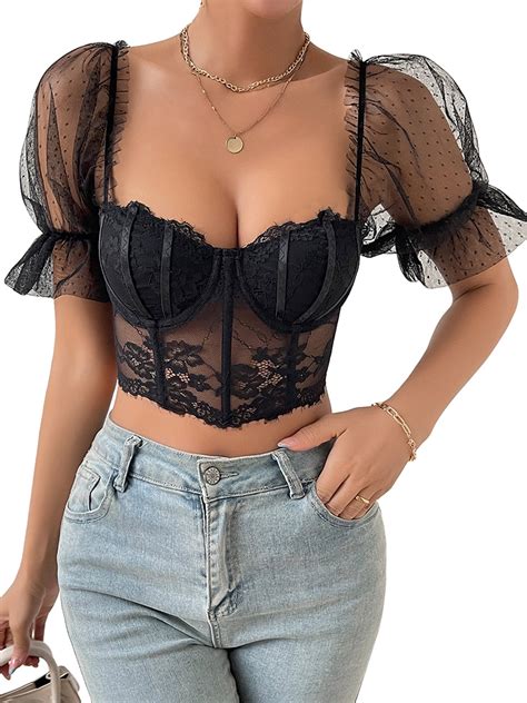 Kishawna Women Puff Sleeve Crop Sheer Lace Corset Tops Blouses