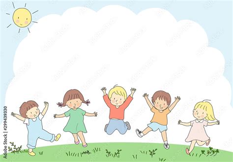 Happy kids jumping together. Children day, child playing, friends, friendship, park, playground ...