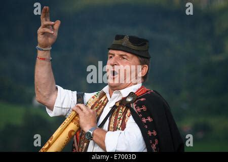 Slovak Folk Musician Lubom R Tatarka Playing The Fujara Most Typical