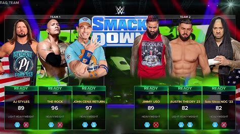 John Cena The Rock Aj Styles Vs Austin Theory Jimmy Uso Solo Sikoa