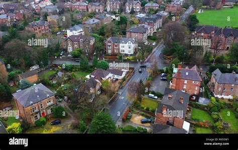 Aerial View Over Suburban Homes And Roads In Birkenhead Uk Stock Photo