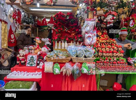 Barcelona Christmas Market Stall Selling Christmas Decorations Outside ...