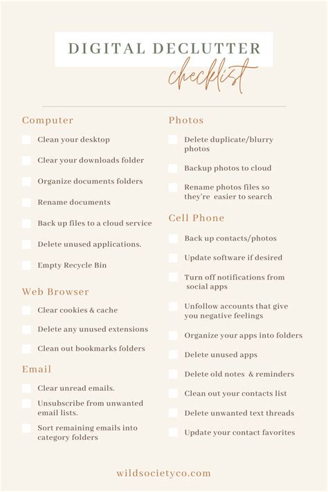 Digital Declutter Checklist Wild Society Declutter Checklist