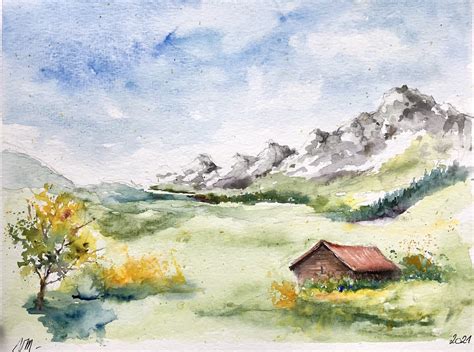 Aquarelle originale de montagne en été peinture de paysage de