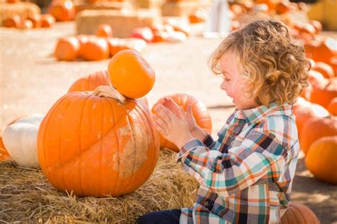 Premium Photo Little Boy Sitting And Holding His Pumpkin In A Rustic