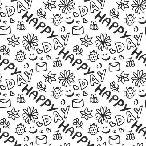 Cute doodle seamless pattern with hearts, flowers, ladybirds, smiles ...