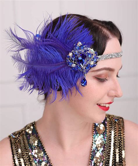 Aimimier S Flapper Feather Headband In Royal Blue Sapphire Gatsby