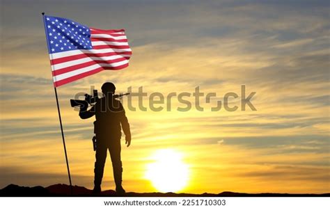 Silhouette Soldier American Flag Sunset National Stock Vector (Royalty ...