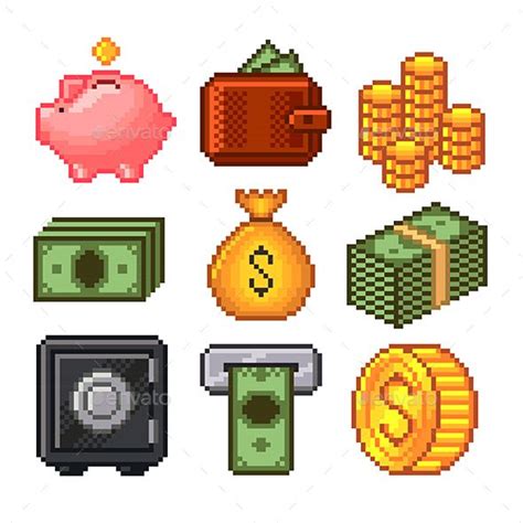 Pixel Money Icons Vector Set Pixel Art Design Money Icons Pix Art