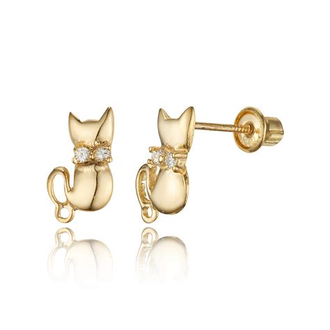 14k Yellow Gold Cat CZ Children Screwback Baby Girls Stud Earrings – Children Earrings by Lovearing