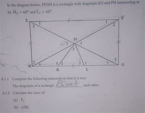 Solved In The Diagram Below Efgh Is A Rectangle With Diagonals Eg And