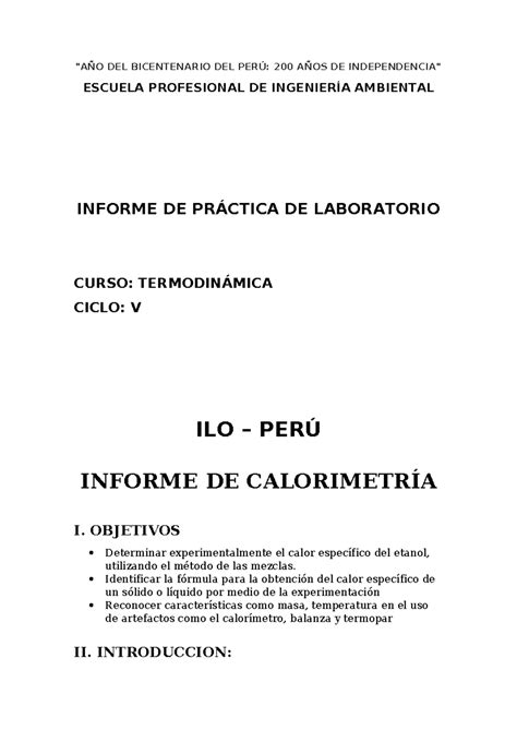 Informe de calorimetria AÑO DEL BICENTENARIO DEL PERÚ 200 AÑOS DE