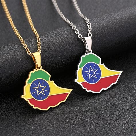 Africa Maps Ethiopian Map Flag Pendant Necklaces Gold Color Silver