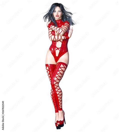 Tall Sexy Woman In Minimalist Extravagant Sexy Red Latex Lingerie