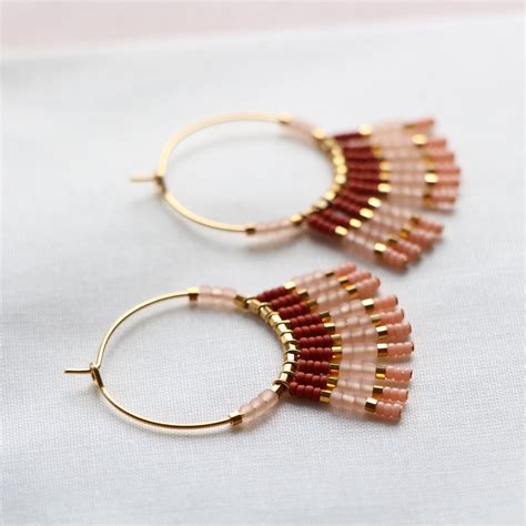 B O BAMBOU Golden Hoop Earrings With Miyuki Bead Fringes 24K Gold