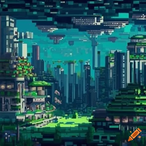 Pixelart of a futuristic city in a forest on Craiyon