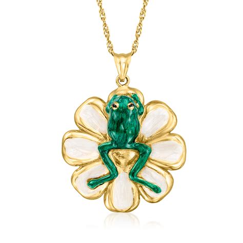 Italian Multicolored Enamel Frog On A Flower Pendant Necklace In 18kt