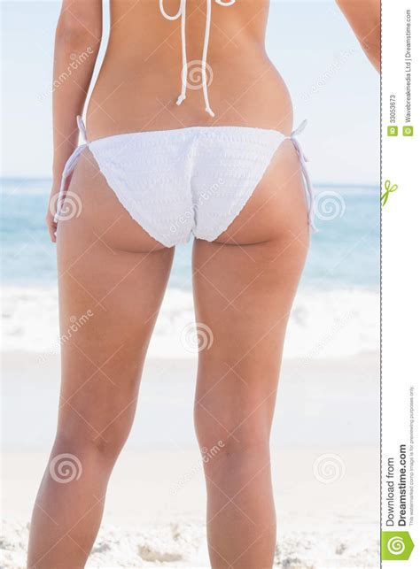 Retrovisione Della Donna In Bikini Che Esamina Mare Immagine Stock