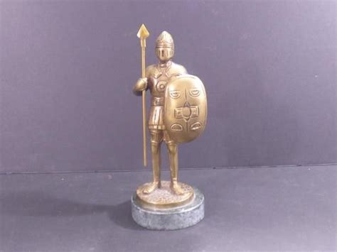 Elegant Vintage Brass Knight Statue On Marble Base