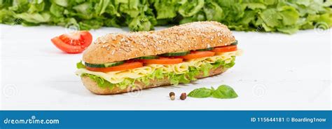 Sub Sandwich Whole Grain Grains Baguette With Ham On Wooden Boar