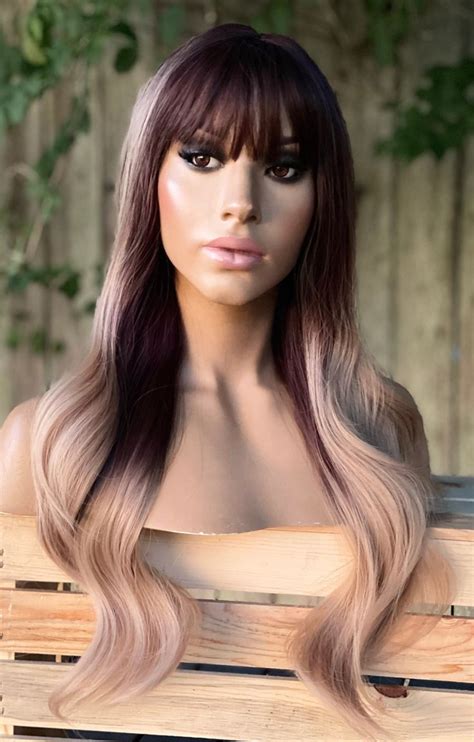 Ash Brown Ombré Wig With Bangs Balayage Wig 18 Etsy Ombre Wigs Bangs And Balayage Wigs