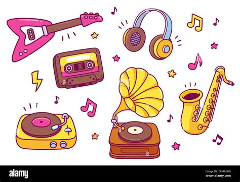 Cartoon Music Equipment And Musical Instruments Drawings Set Modern And Classical Music Notes