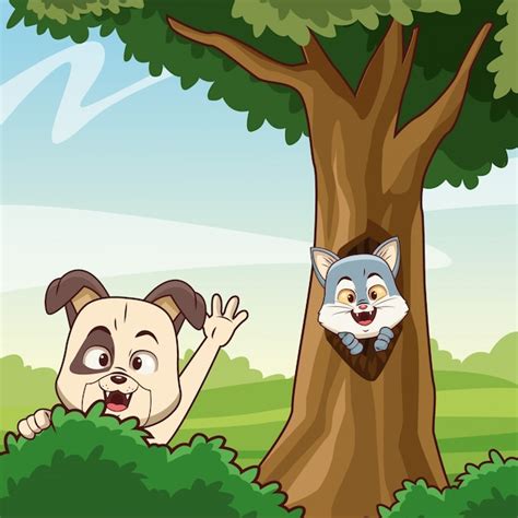 Perro Y Gato En El Bosque Vector Premium