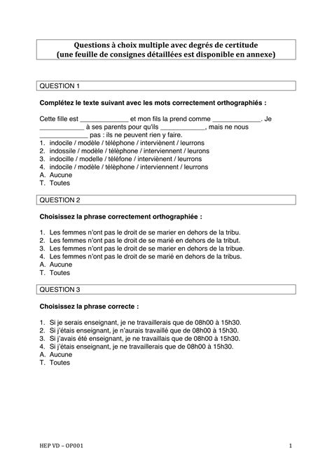 Exemple et corrigé QCM PDF