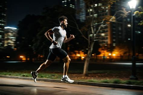 A Man Is Running In The Dark With A City Skyline In The Background