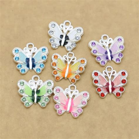 Pcs Lot Silver Plated Enamel Crystal Butterfly Charms Pendants For