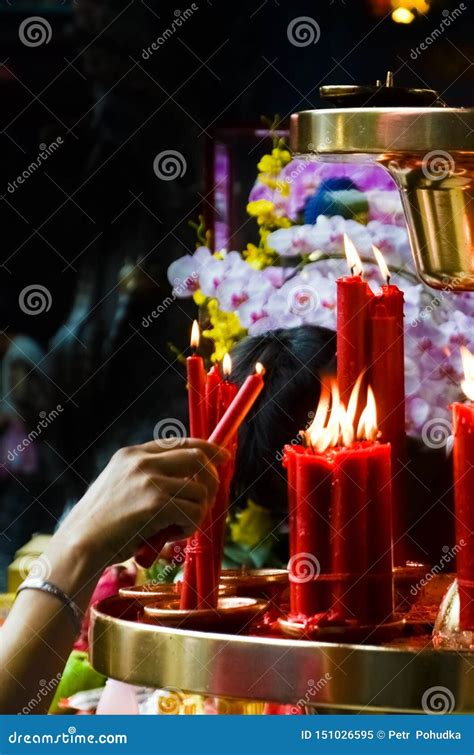 Hand Lighting Red Candle by Altar in Buddhist Temple, Taiwan, China ...