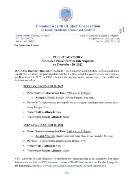 2022 Dec 15 Public Advisory Re Scheduled Power Service Interruptions